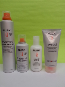 RUSK® Designer Collection™ Thermal Flat Iron Spray & Shine Spray Rusk Str8 Anti-Frizz/Anti-Curl Lotion, Rusk Wired Flexible Styling Creme 